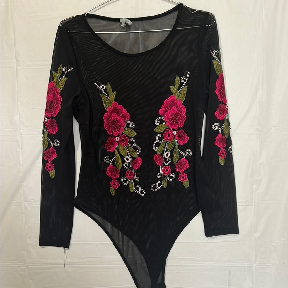 Charlotte Russe Black Embellished Long Sleeve Bodysuit